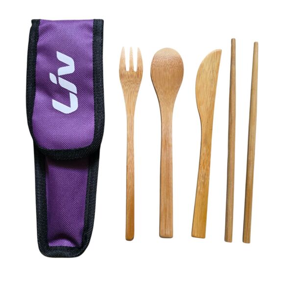 Liv Cycling Reusable BAMBOO Utensil Set Knife Fork Spoon Chopsticks w Pouch NWT - Picture 1 of 5